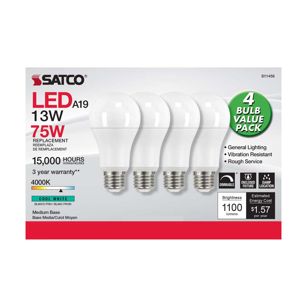4Pk - 13W A19 LED 4000K Dimmable Medium base 230 deg. Beam Angle - 75w equiv