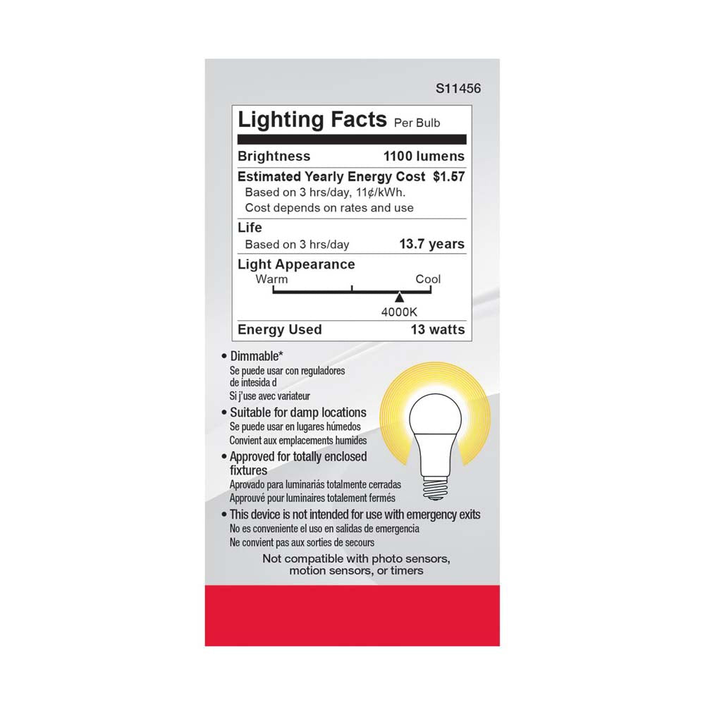4Pk - 13W A19 LED 4000K Dimmable Medium base 230 deg. Beam Angle - 75w equiv