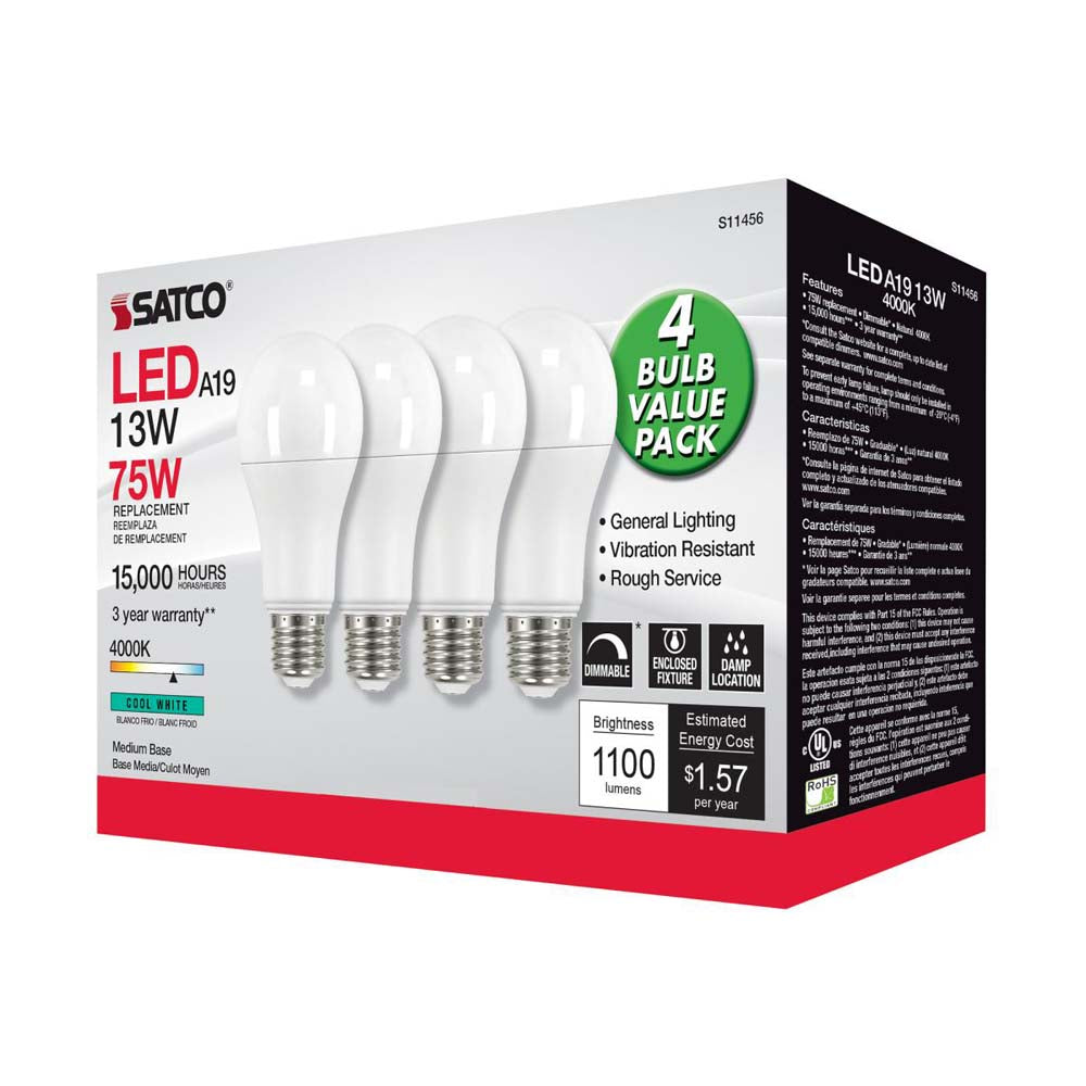 4Pk - 13W A19 LED 4000K Dimmable Medium base 230 deg. Beam Angle - 75w equiv