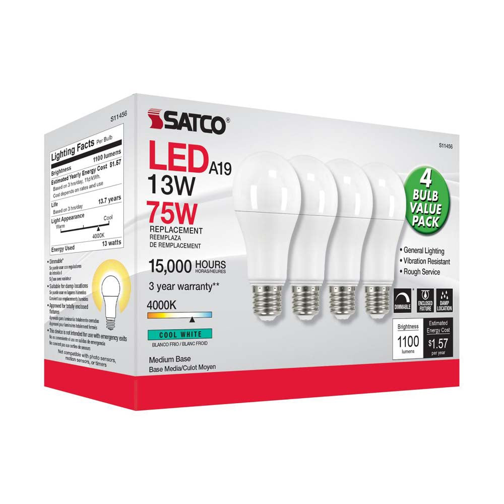 4Pk - 13W A19 LED 4000K Dimmable Medium base 230 deg. Beam Angle - 75w equiv