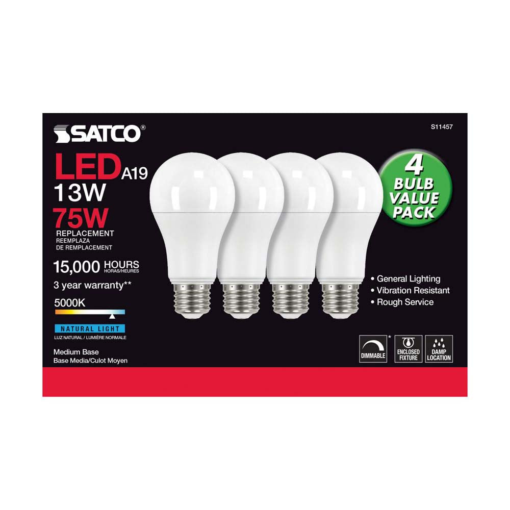 4Pk - 13W A19 LED 5000K Dimmable Medium base 230 deg. Beam Angle - 75w equiv