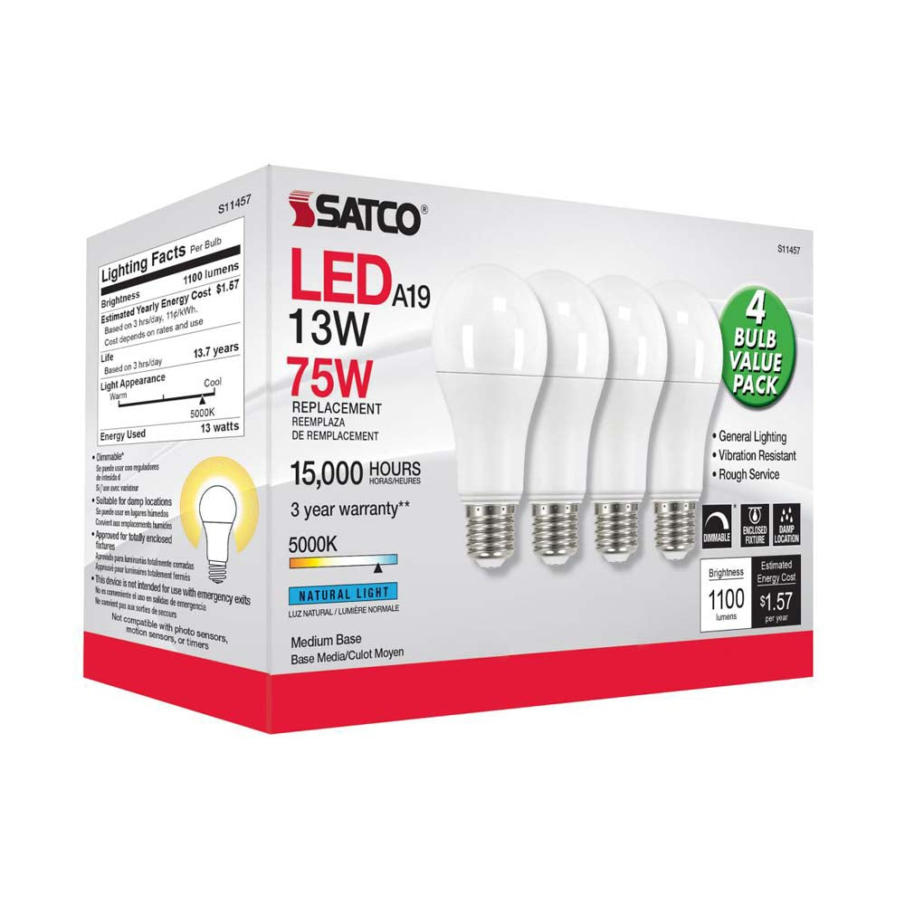 4Pk - 13W A19 LED 5000K Dimmable Medium base 230 deg. Beam Angle - 75w equiv