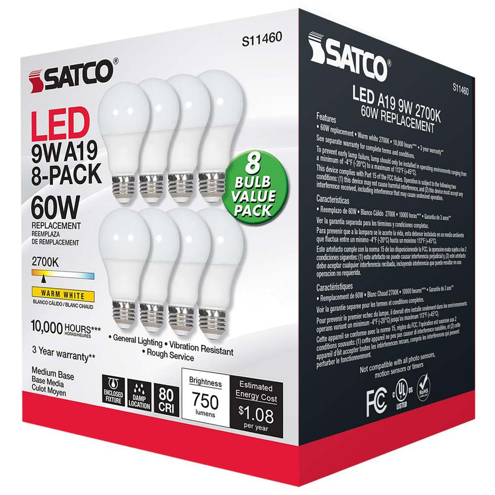 8Pk - 9W A19 LED 2700K Non-Dimmable E26 Medium base 120v - 60w equiv