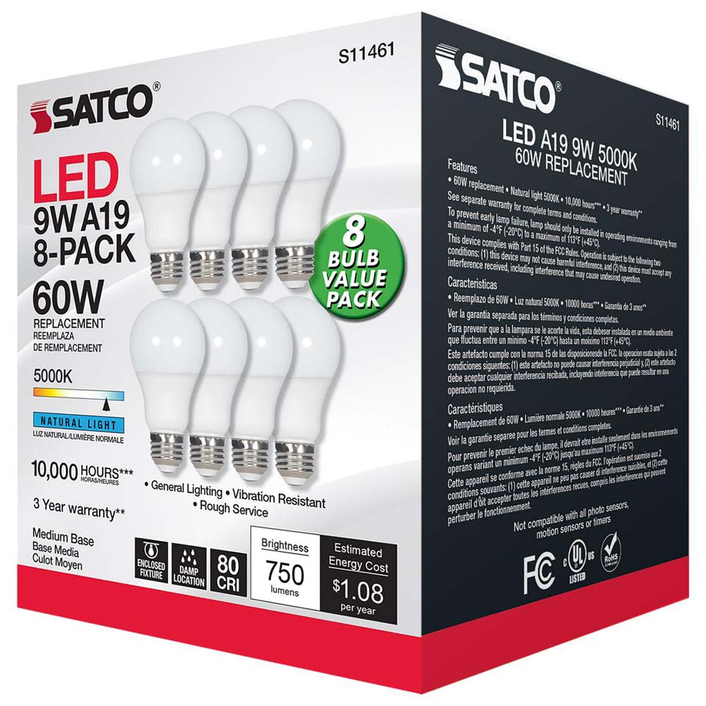 8Pk - 9W A19 LED 5000K Non-Dimmable E26 Medium base 120v - 60w equiv