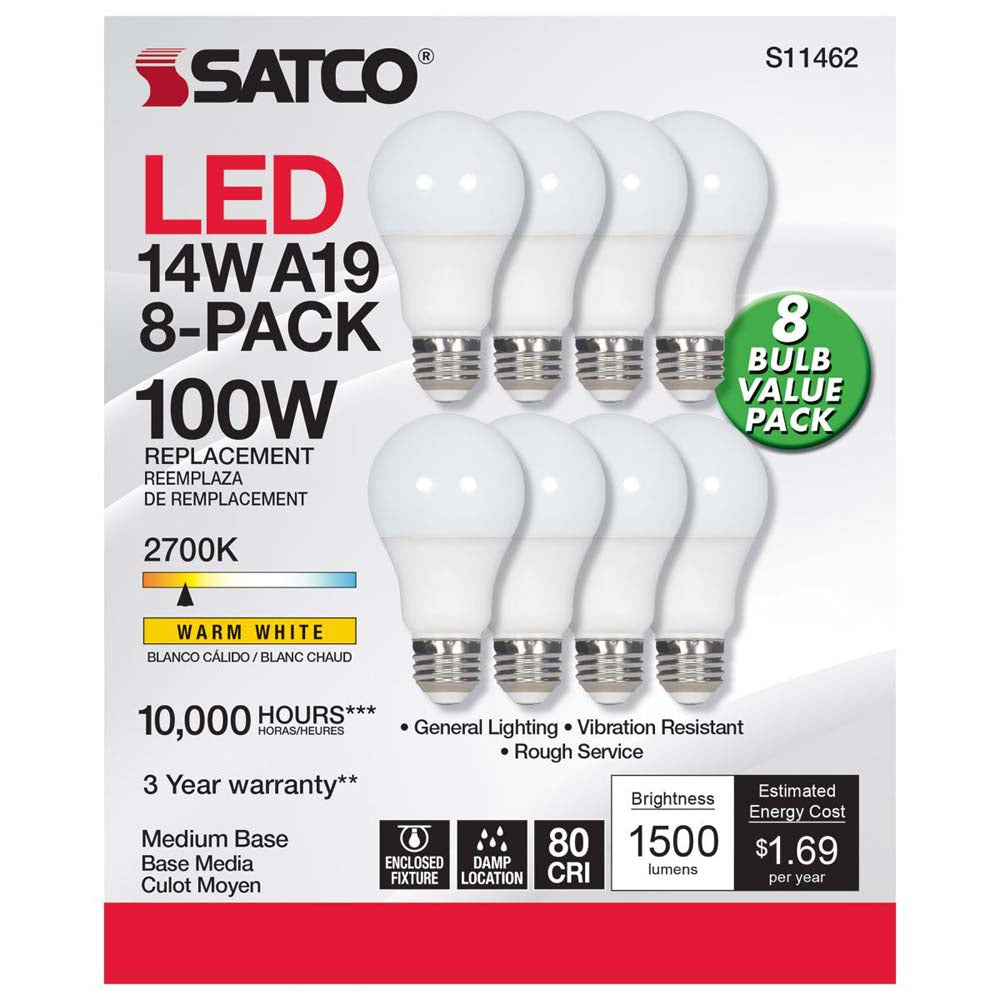8Pk - 14W A19 LED 2700K Non-Dimmable E26 Medium base - 100w equiv