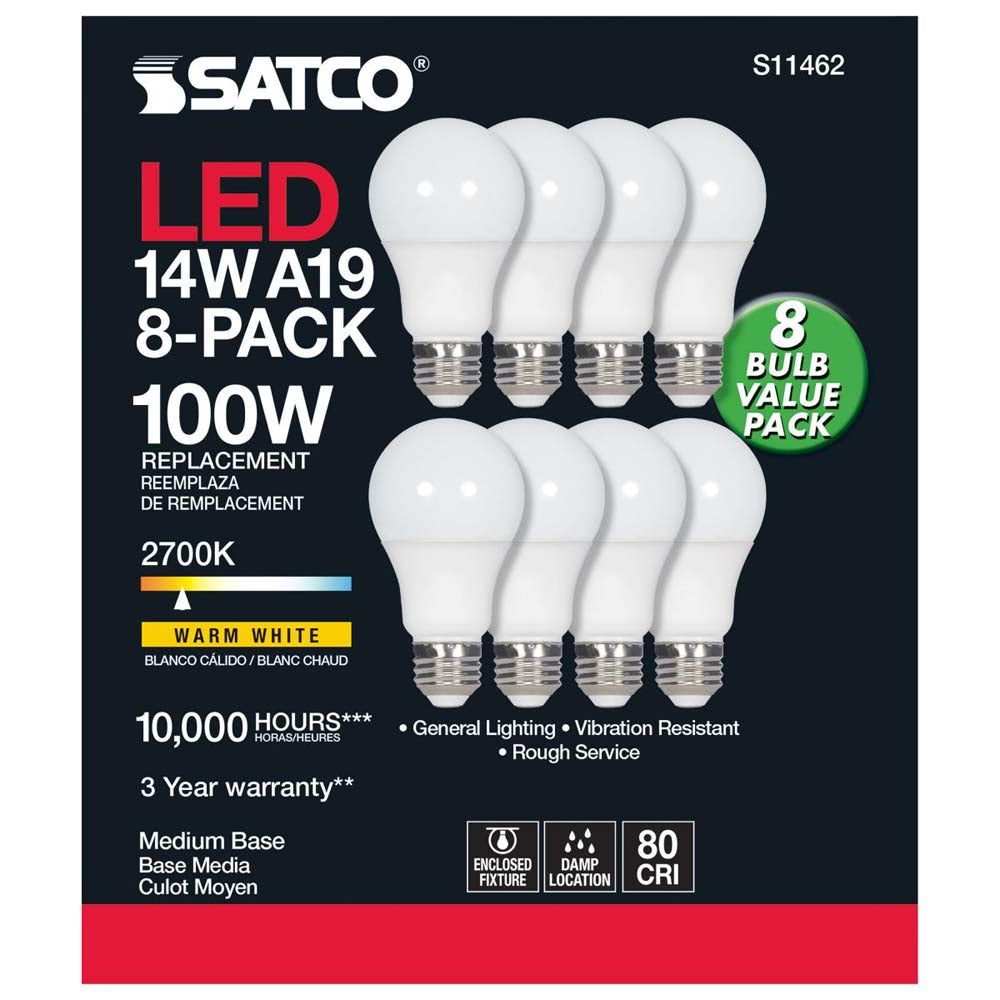 8Pk - 14W A19 LED 2700K Non-Dimmable E26 Medium base - 100w equiv