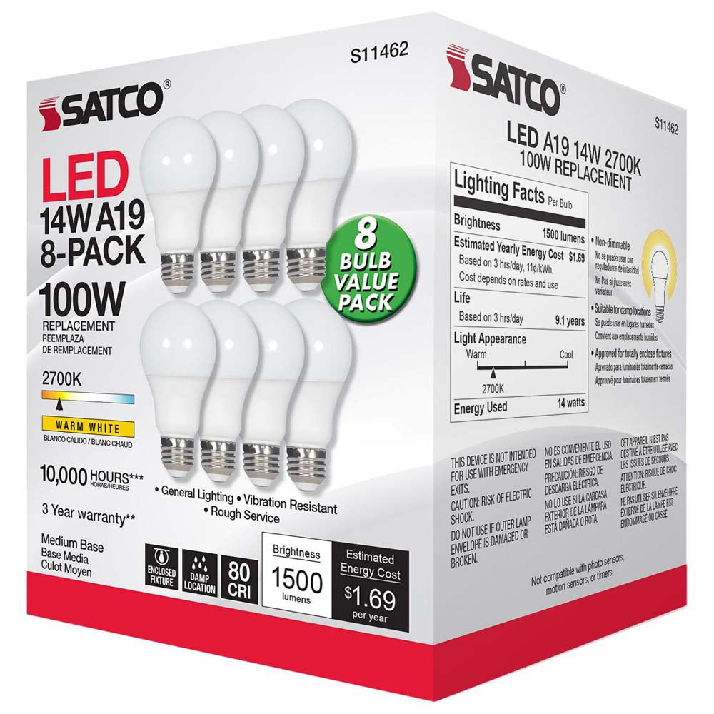 8Pk - 14W A19 LED 2700K Non-Dimmable E26 Medium base - 100w equiv