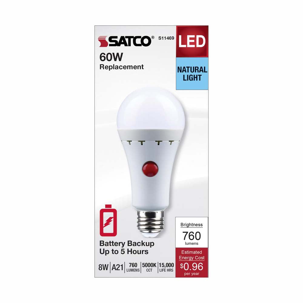 8W A21 LED 5000K Medium Base 120v Battery Backup - 60w equiv