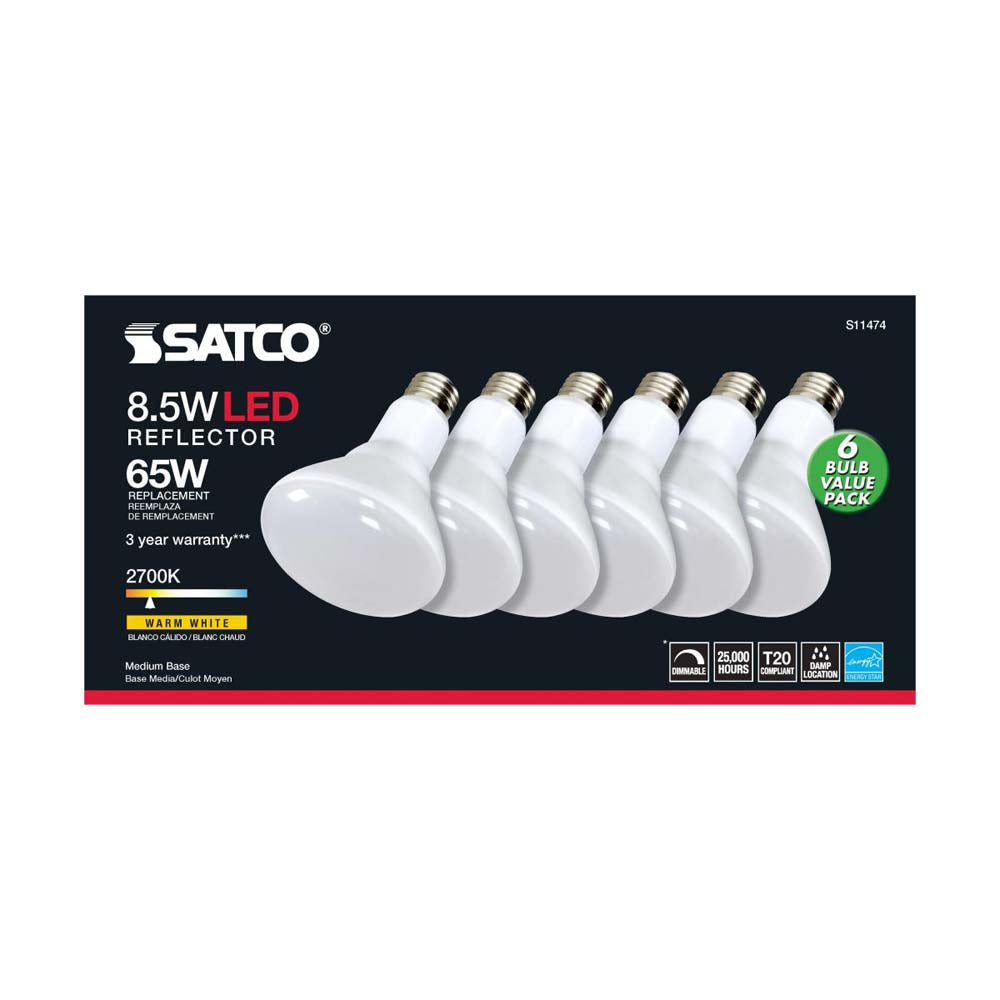 6Pk - 8.5W BR30 LED 2700K Medium Base Dimmable - 65w equiv