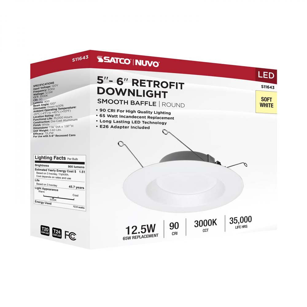 Satco 12.5w LED Downlight Retrofit 5-6-in 3000K White Finish 120v Dimmable