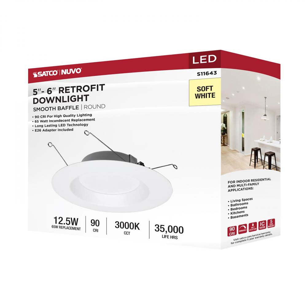 Satco 12.5w LED Downlight Retrofit 5-6-in 3000K White Finish 120v Dimmable
