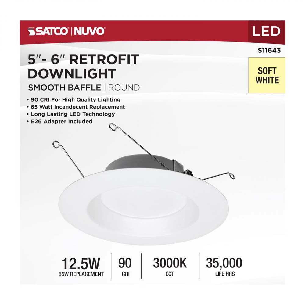 Satco 12.5w LED Downlight Retrofit 5-6-in 3000K White Finish 120v Dimmable