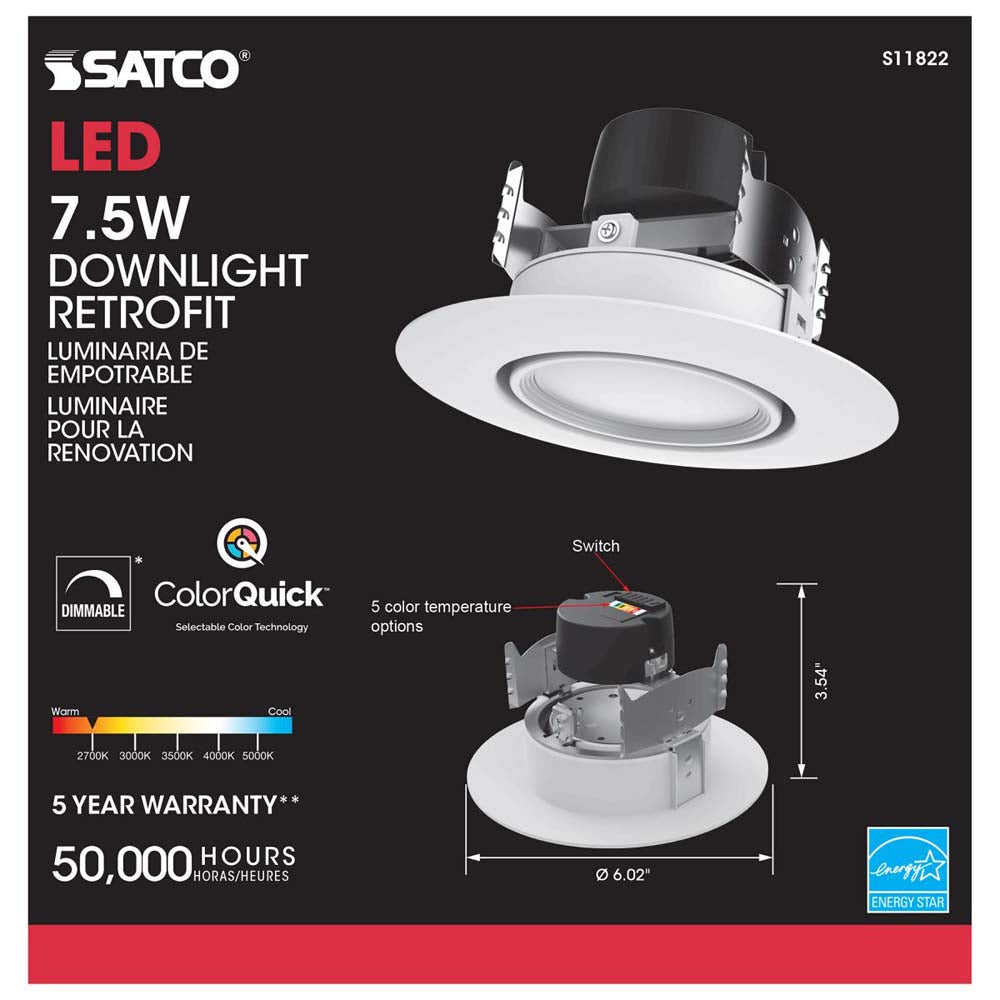 7.5w LED Directional Retrofit Downlight 4 in. CCT Tunable 60 deg. 120v