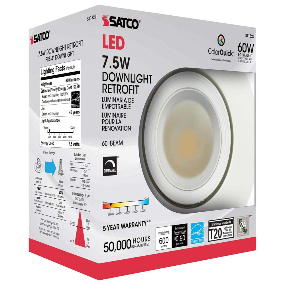 7.5w LED Directional Retrofit Downlight 4 in. CCT Tunable 60 deg. 120v