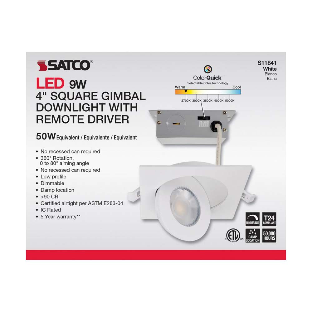 9w CCT Tunable LED Direct Wire Downlight 4-in Square Remote Driver White