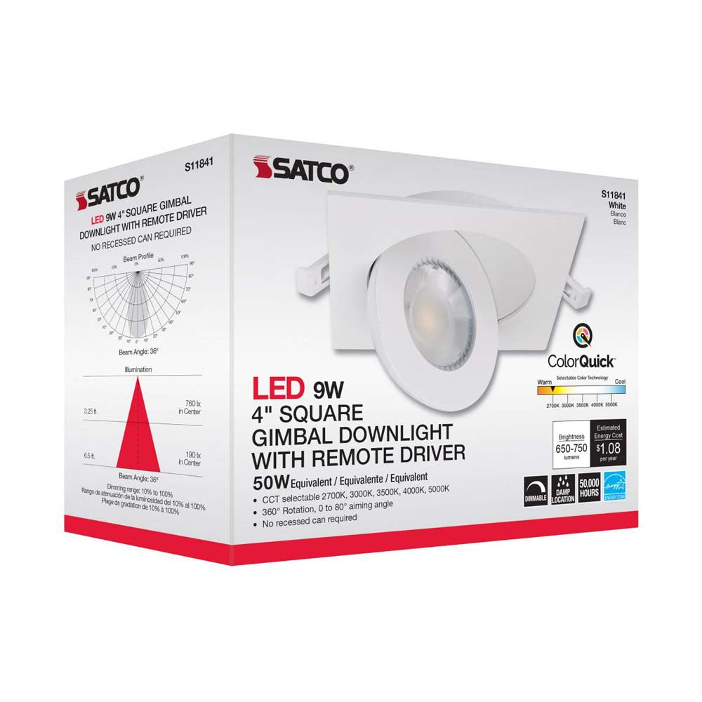 9w CCT Tunable LED Direct Wire Downlight 4-in Square Remote Driver White
