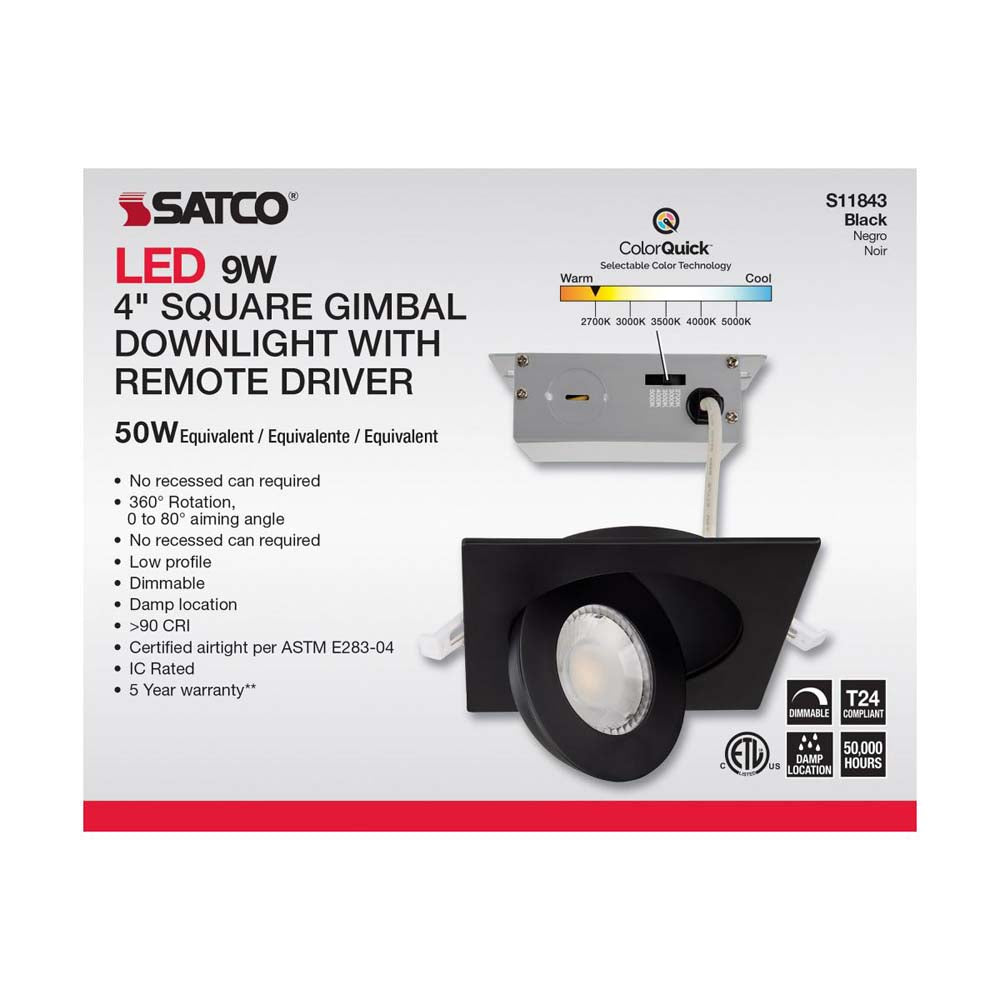 9w CCT Tunable LED Direct Wire Downlight 4-in Square Remote Driver Black