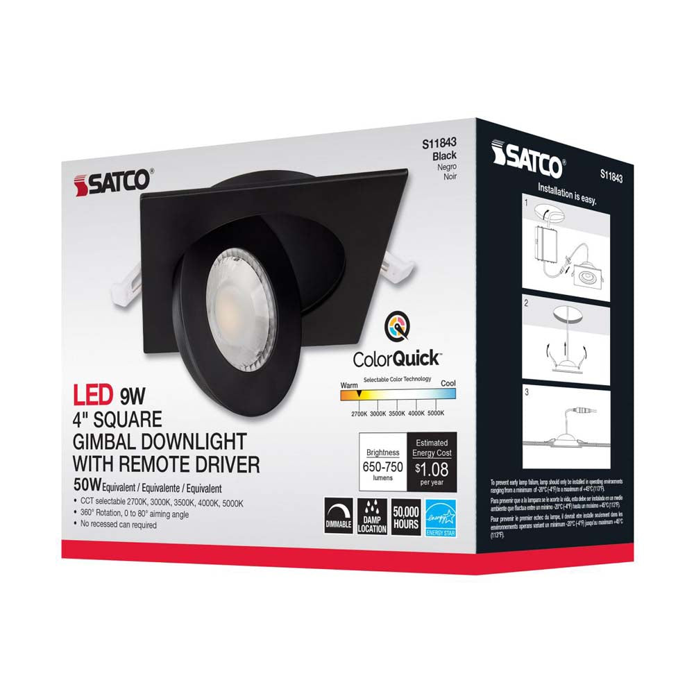 9w CCT Tunable LED Direct Wire Downlight 4-in Square Remote Driver Black