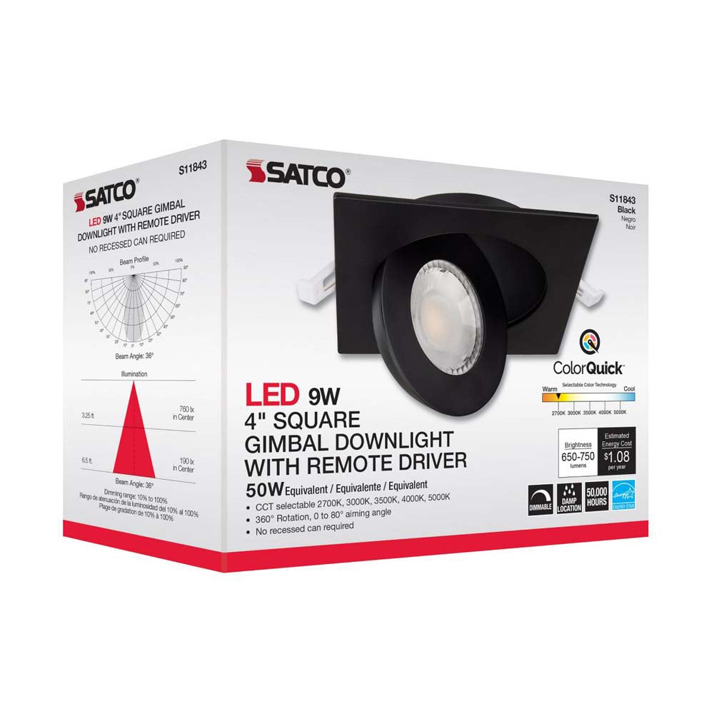 9w CCT Tunable LED Direct Wire Downlight 4-in Square Remote Driver Black