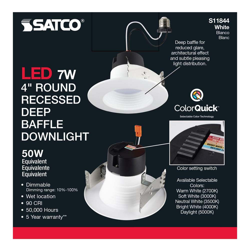 7w 4-in Deep Baffle CCT-Tunable Recessed LED Downlight
