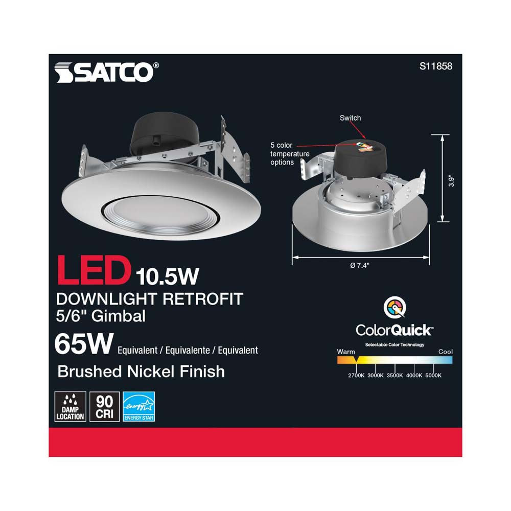 10.5w LED Direct Wire Downlight 120v CCT Tunable Brushed Nickel Finish