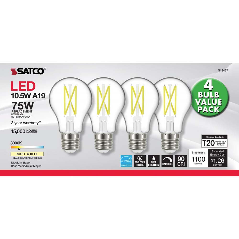 4Pk - 10.5W A19 LED Clear Medium base 3000K 120v - 75W equiv