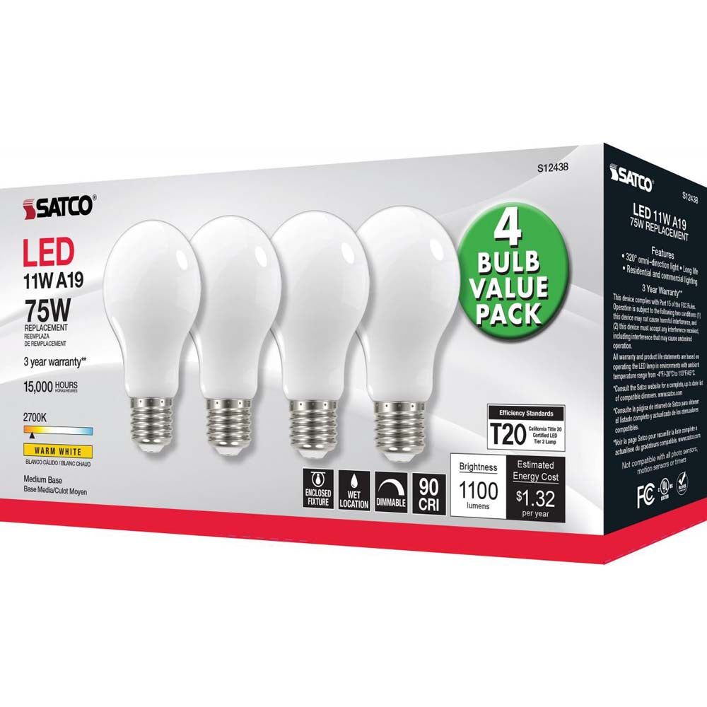 4Pk - 11W A19 LED Soft White Medium base 2700K 120v - 75W equiv