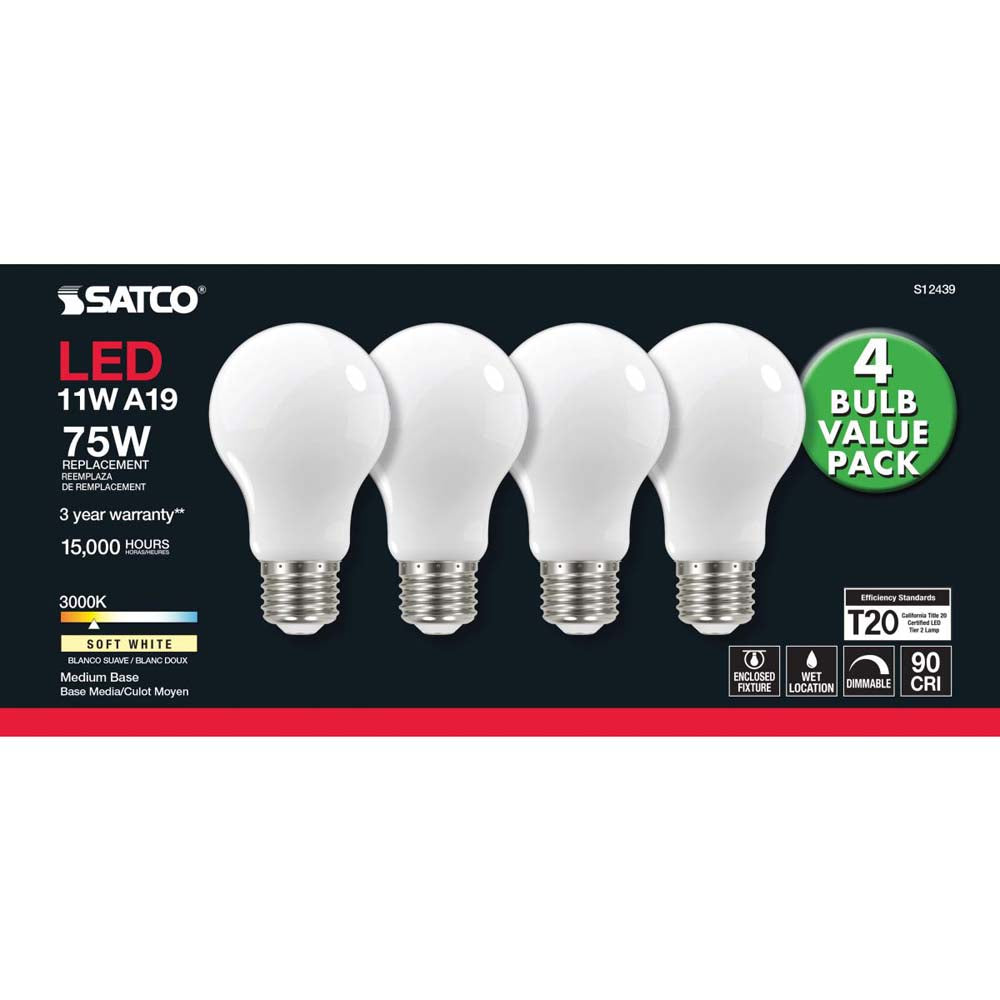 4Pk - 11W A19 LED Soft White Medium base 3000K 120v - 75W equiv