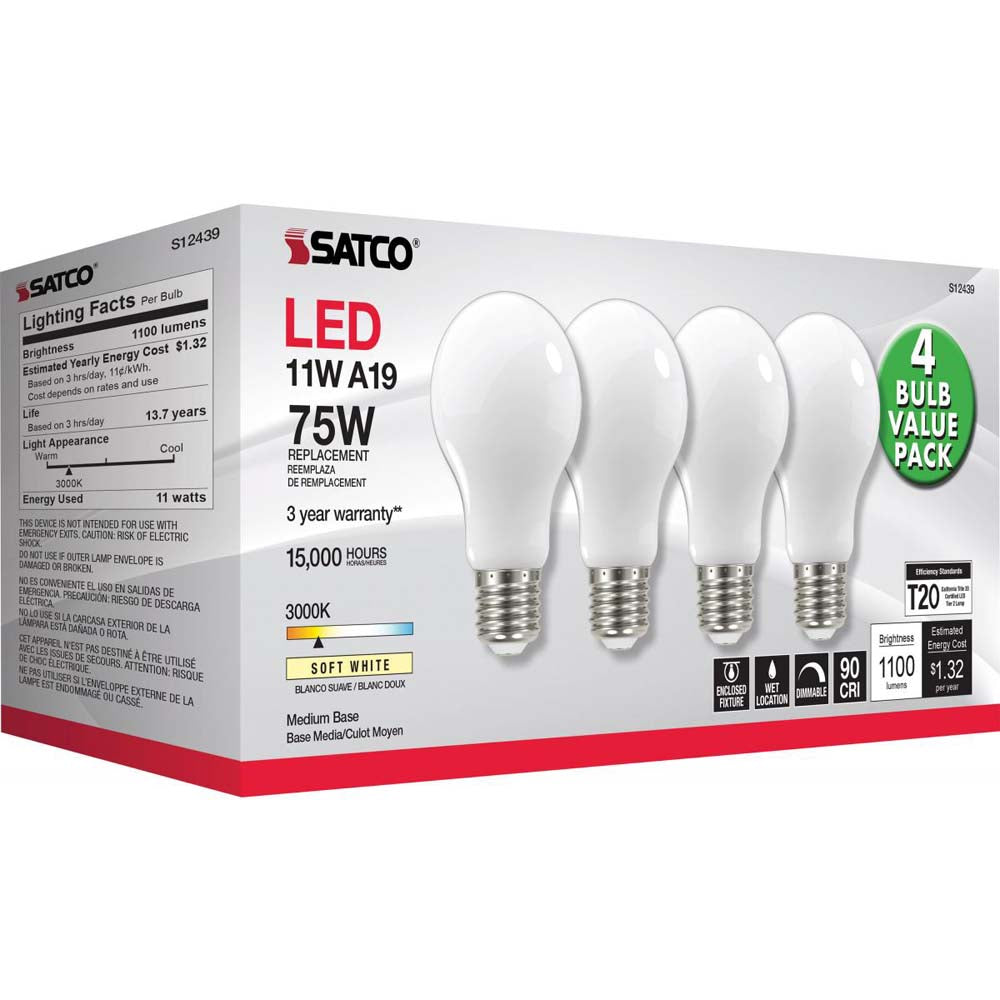 4Pk - 11W A19 LED Soft White Medium base 3000K 120v - 75W equiv