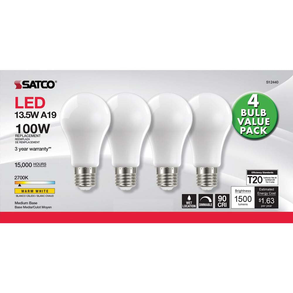 4Pk - 13.5W A19 LED Soft White Medium base 2700K 120v - 100W equiv