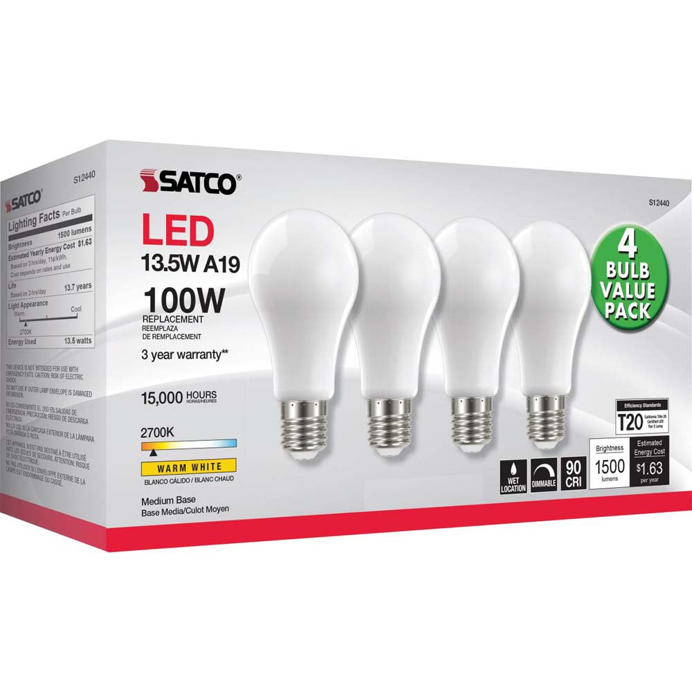 4Pk - 13.5W A19 LED Soft White Medium base 2700K 120v - 100W equiv