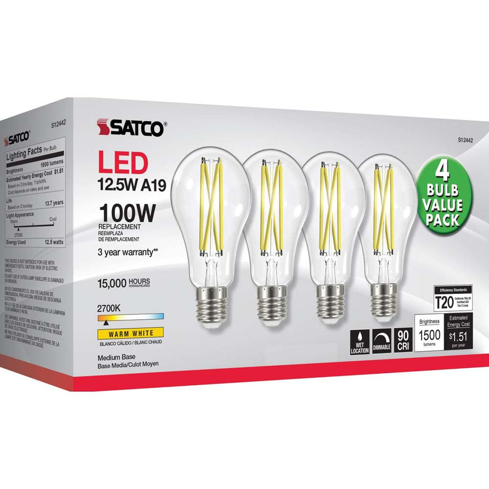 4Pk - 12.5W A19 LED Clear Medium base 2700K 120v - 100W equiv