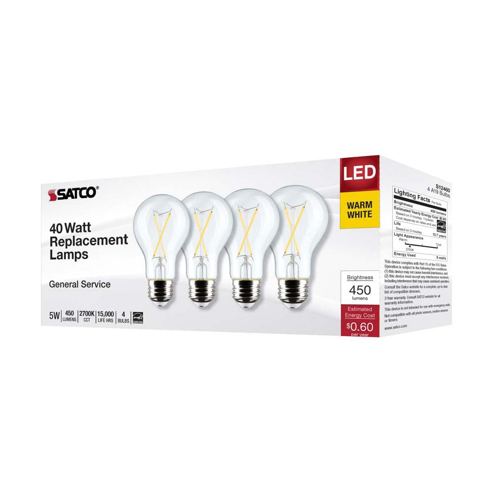 4Pk - 5W A19 LED Clear Warm White 2700K E26 Medium Base 120v - 40W equiv