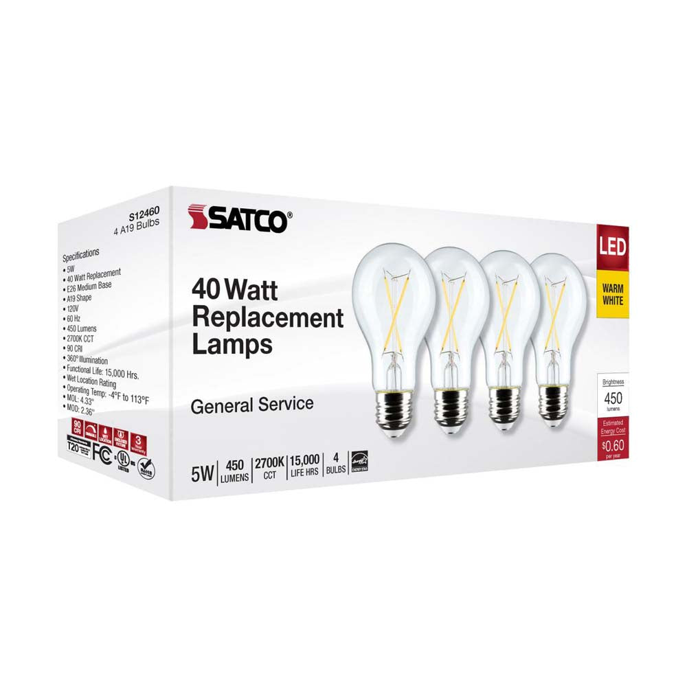 4Pk - 5W A19 LED Clear Warm White 2700K E26 Medium Base 120v - 40W equiv