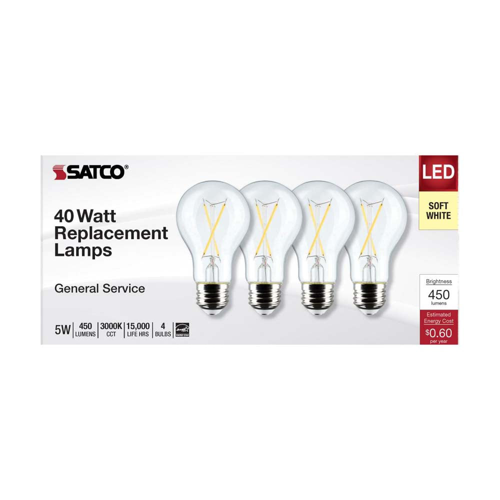 4Pk - 5W A19 LED Clear Soft White 3000K E26 Medium Base 120v - 40W equiv
