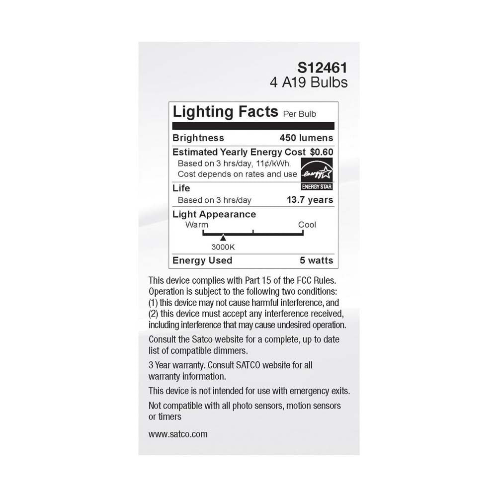 4Pk - 5W A19 LED Clear Soft White 3000K E26 Medium Base 120v - 40W equiv