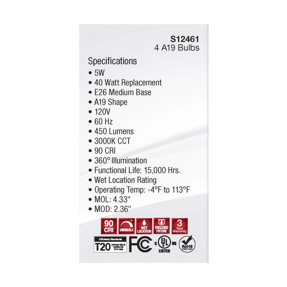 4Pk - 5W A19 LED Clear Soft White 3000K E26 Medium Base 120v - 40W equiv