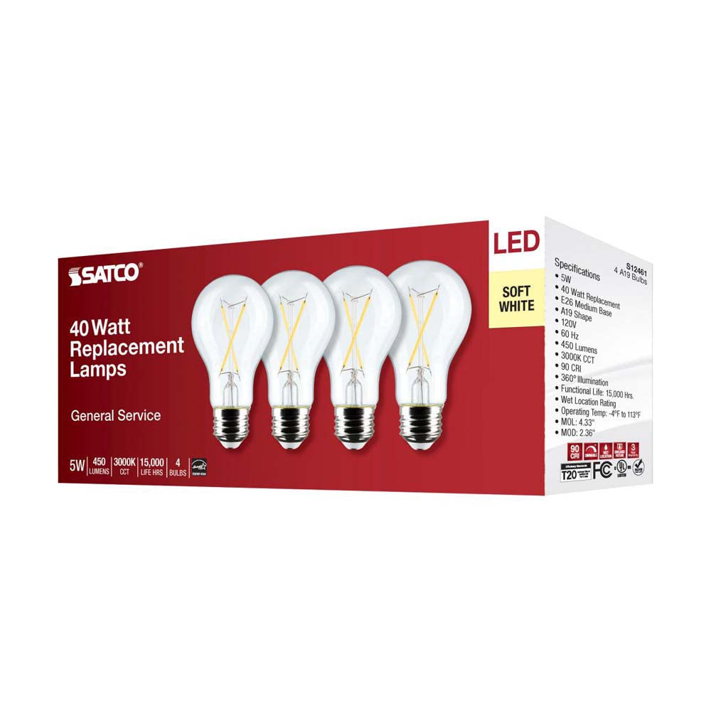 4Pk - 5W A19 LED Clear Soft White 3000K E26 Medium Base 120v - 40W equiv