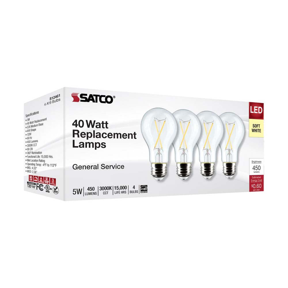 4Pk - 5W A19 LED Clear Soft White 3000K E26 Medium Base 120v - 40W equiv