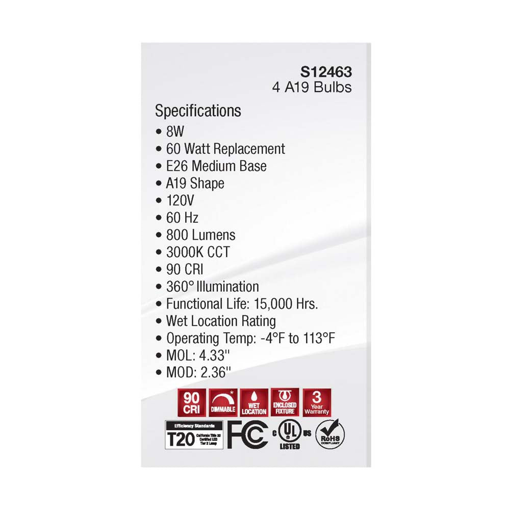 4Pk - 8W A19 LED Clear Soft White 3000K Medium Base 120v - 60W equiv