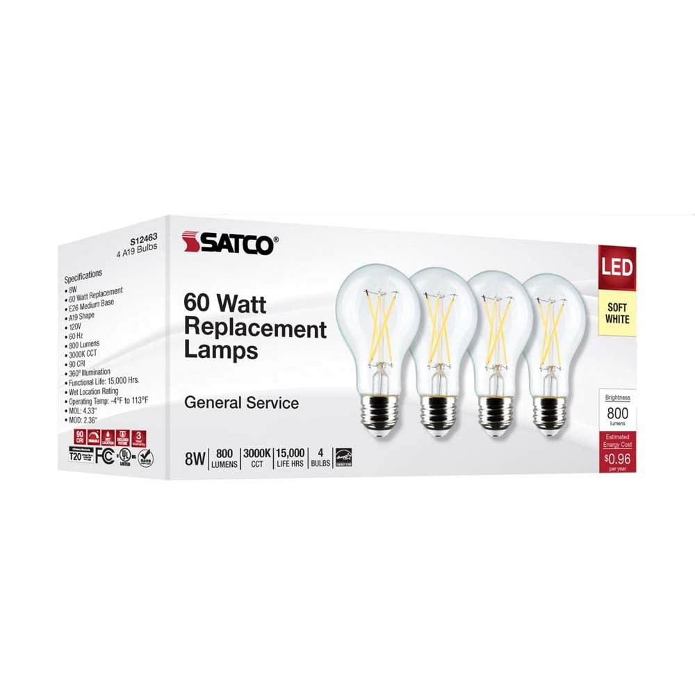 4Pk - 8W A19 LED Clear Soft White 3000K Medium Base 120v - 60W equiv
