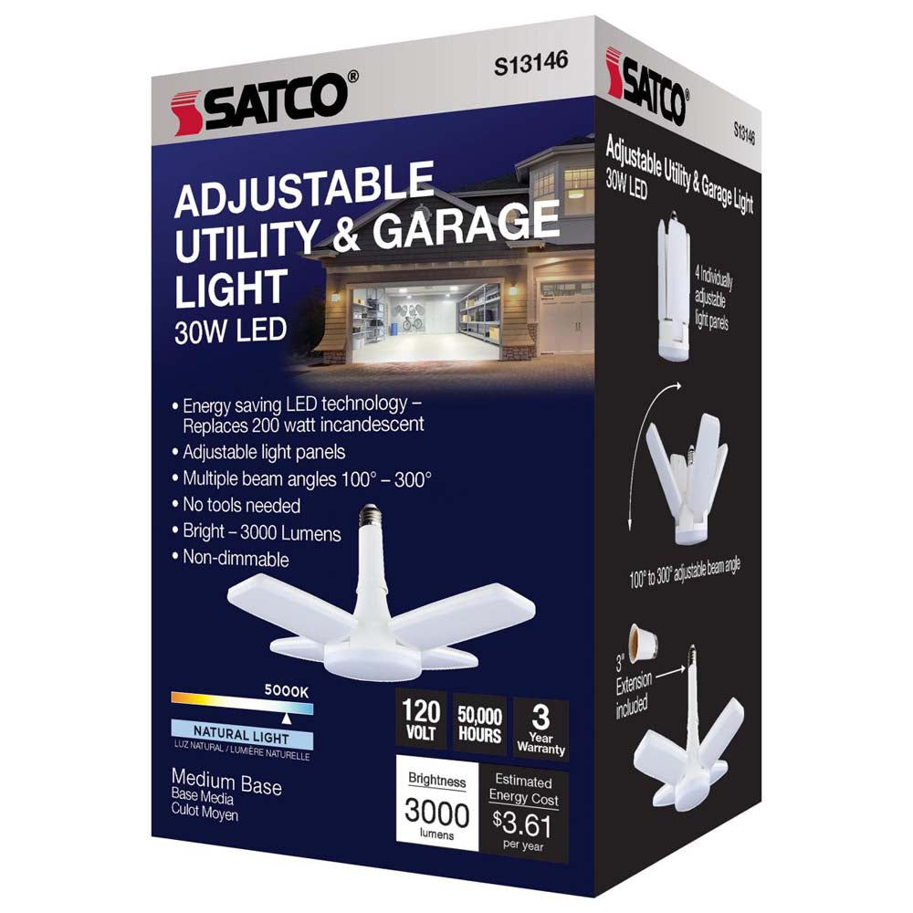 30W LED Garage Utility Light 5000K E26 base Adjustable Beam Angle - 200W equiv