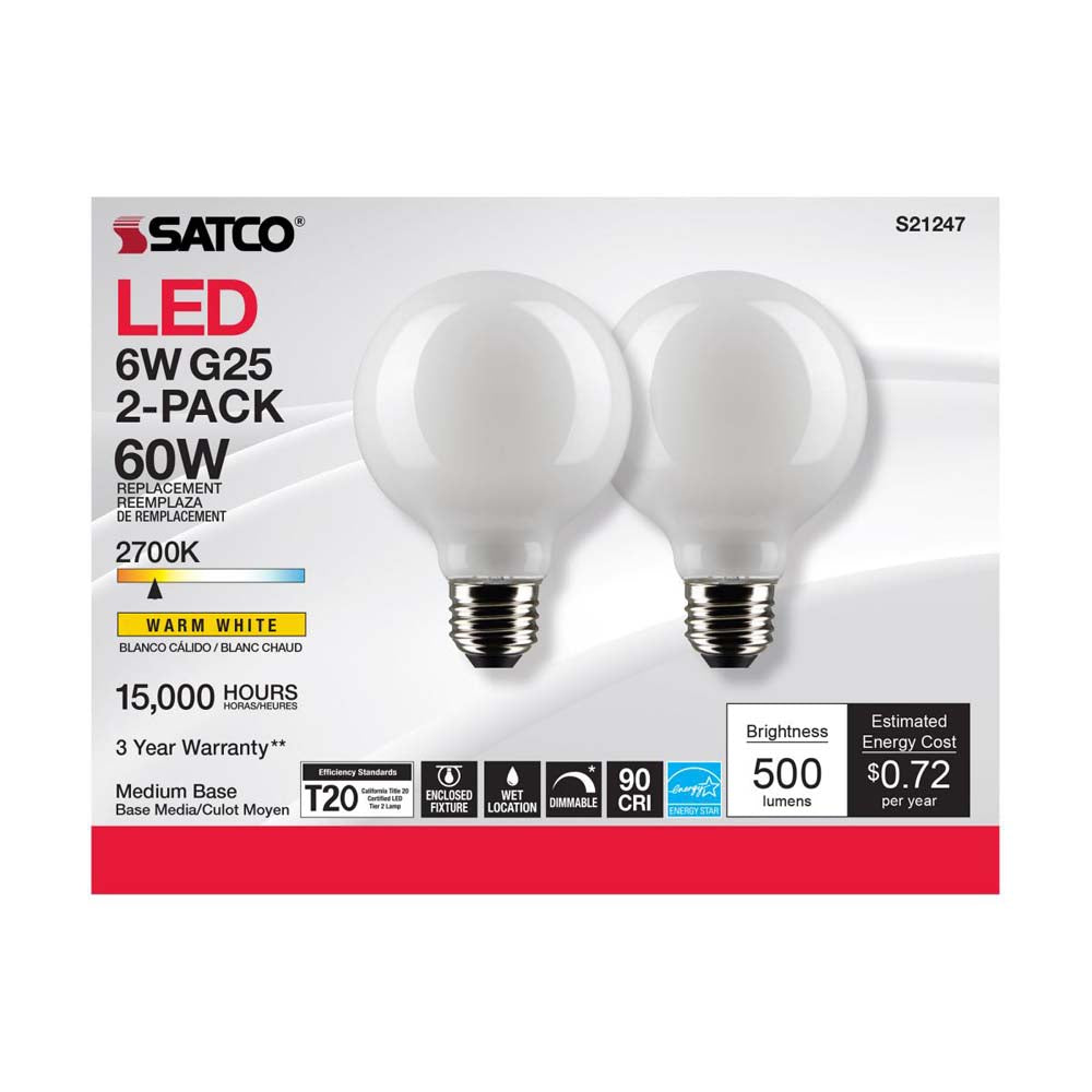 2Pk - Satco 6w G25 Globe Filament LED 2700K Medium Base Dimmable - 60w equiv