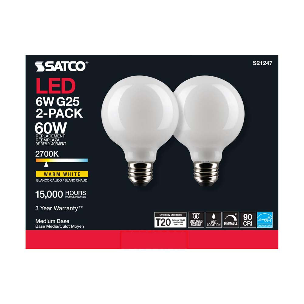 2Pk - Satco 6w G25 Globe Filament LED 2700K Medium Base Dimmable - 60w equiv