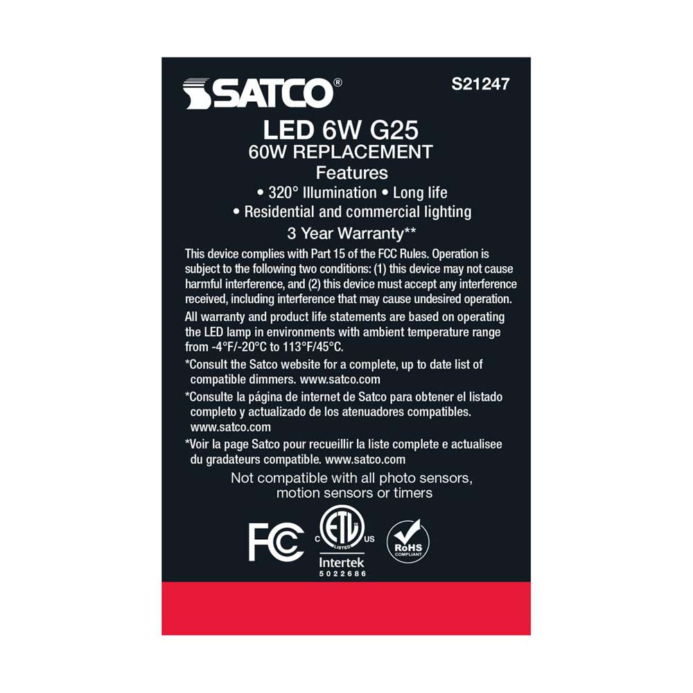 2Pk - Satco 6w G25 Globe Filament LED 2700K Medium Base Dimmable - 60w equiv