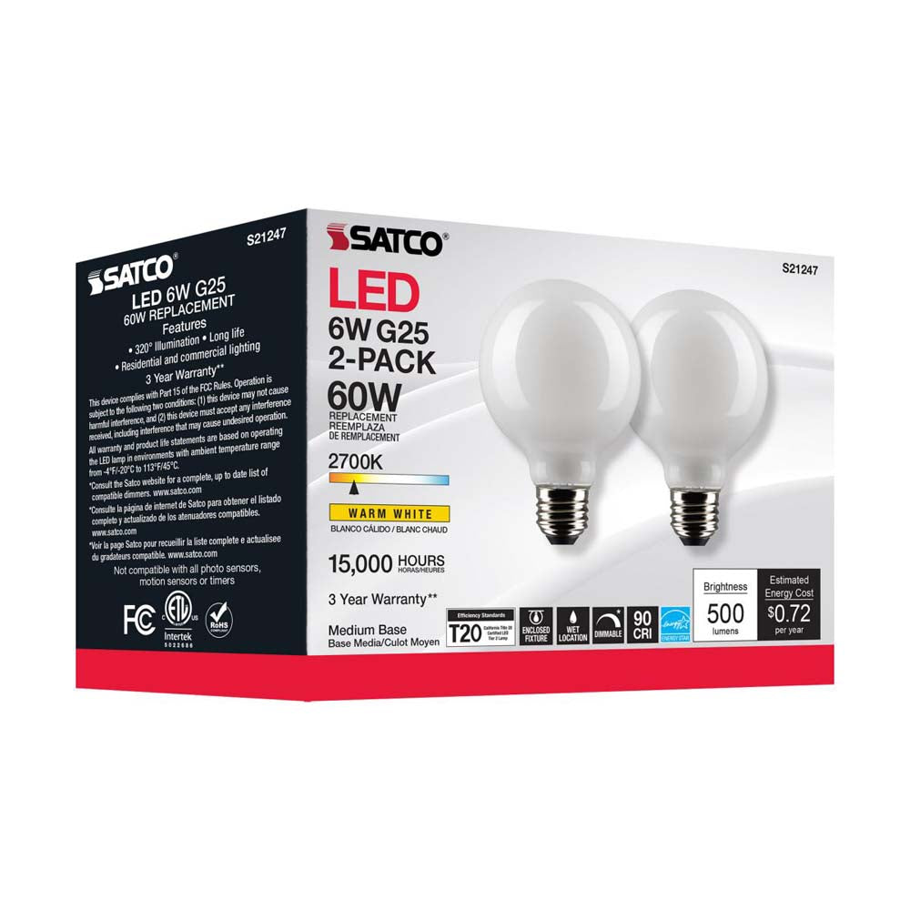 2Pk - Satco 6w G25 Globe Filament LED 2700K Medium Base Dimmable - 60w equiv