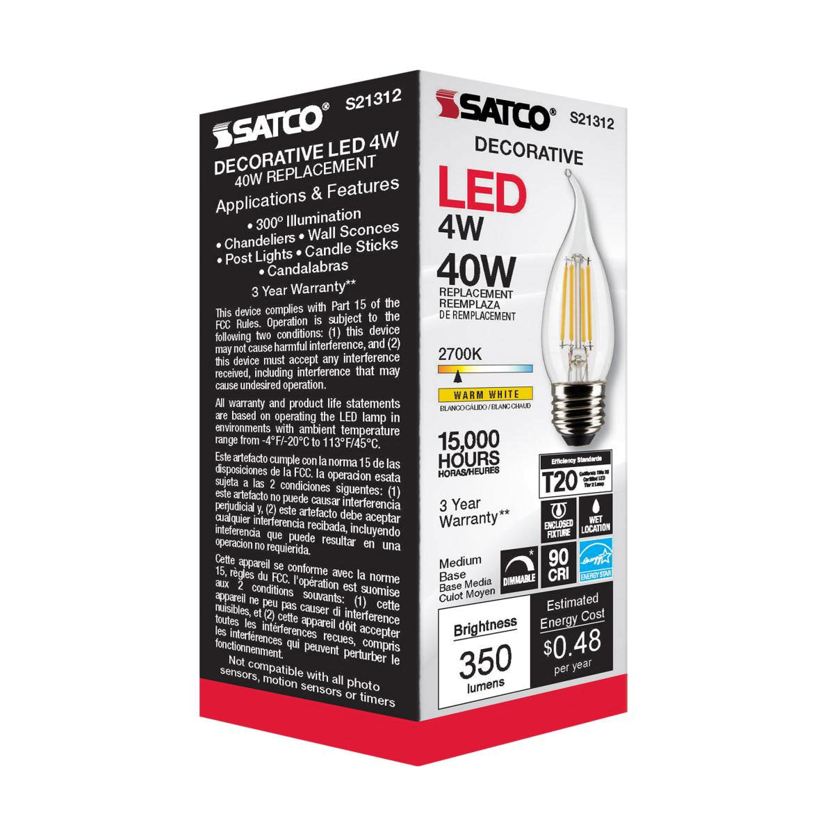 Satco 4w CA10 LED 2700K Medium Base Dimmable - 40w equiv