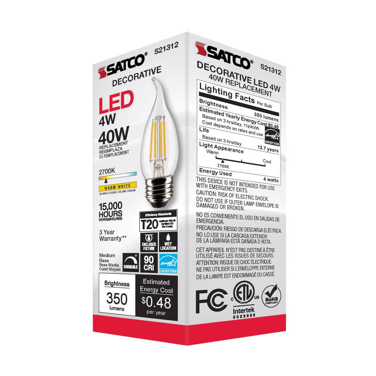 Satco 4w CA10 LED 2700K Medium Base Dimmable - 40w equiv