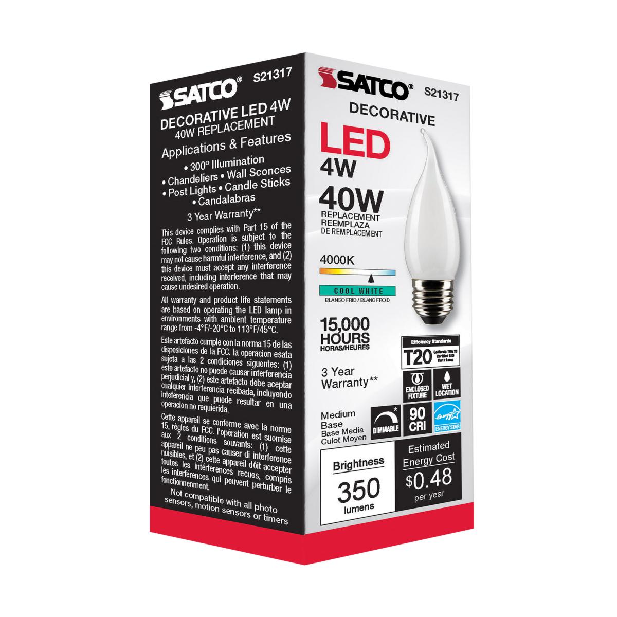 Satco 4w CA10 LED 4000K Medium Base Frosted Dimmable - 40w equiv