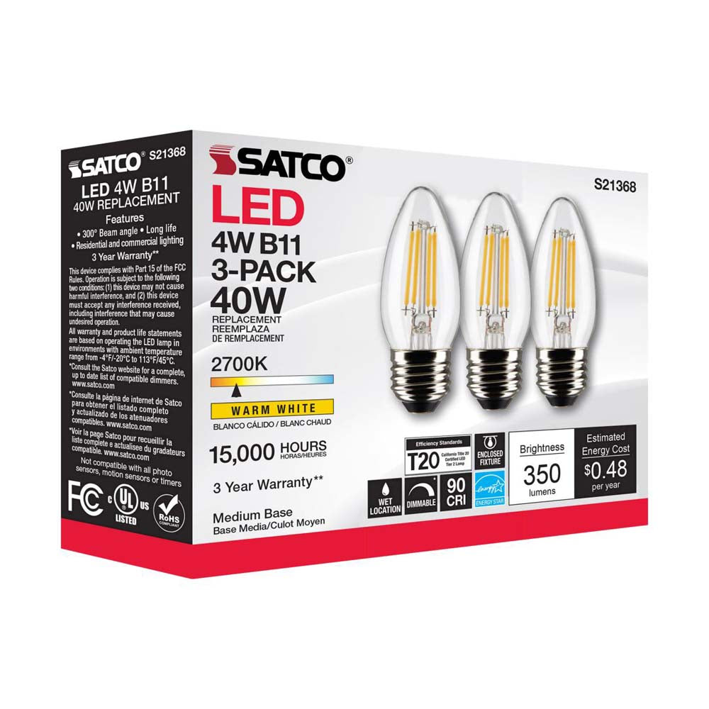 3Pk - Satco 4w B11 LED 2700K Medium Base Dimmable - 40w equiv